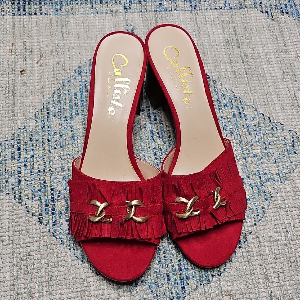 Callisto Red Fringe Mules with Gold Accents